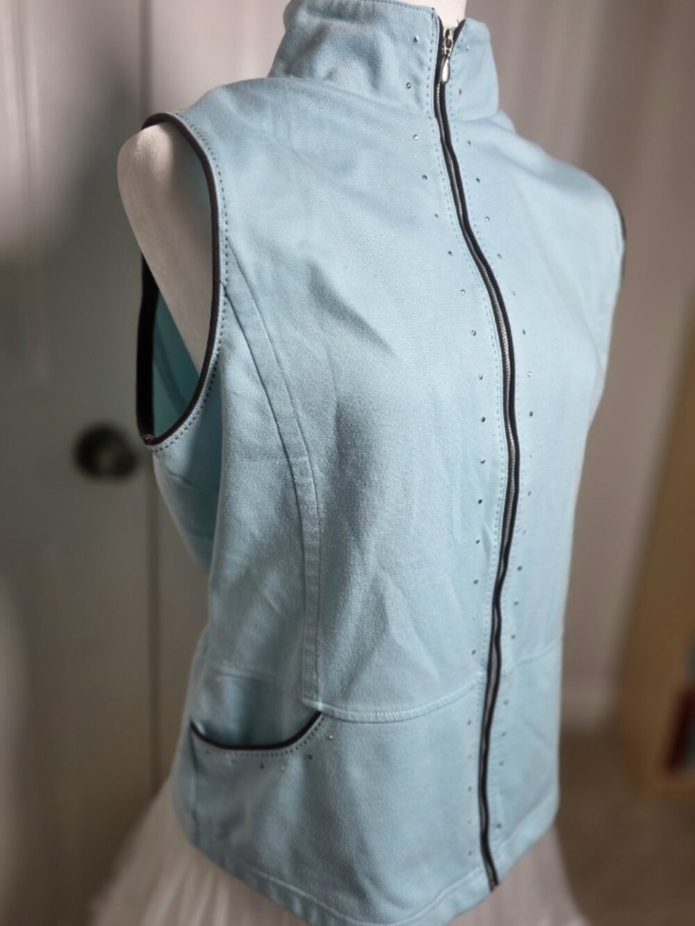 Blast Light Blue Denim Vest Women Rhinestone Studded Zip Up Mock Neck Pockets M